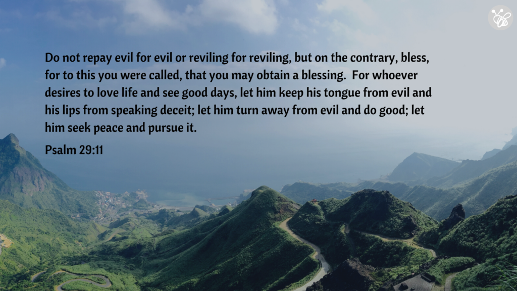 Do not repay evil for evil or reviling for reviling, but on the contrary, bless, for to this you were called, that you may obtain a blessing.  For whoever desires to love life and see good days, let him keep his tongue from evil and his lips from speaking deceit; let him turn away from evil and do good; let him seek peace and pursue it. Psalm 29:11